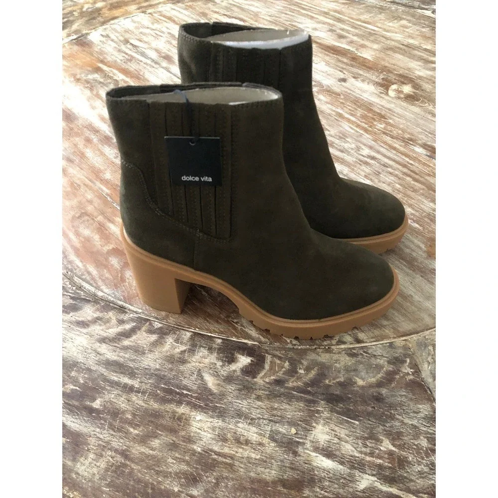 Dolce Vita Caster H20 Bootie Lug Sole Waterproof Leather Olive Green NEW…